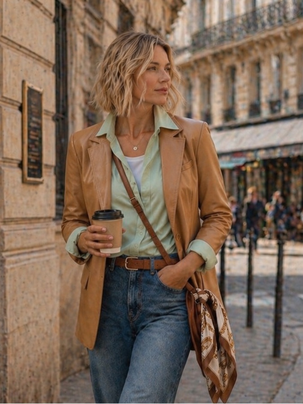 Tan Leather Blazer XS Genuine Lambskin Tailored Minimal Classic Jacket - Picture 3 of 8